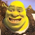 Green animated ogre smiling in brown vest against castle background