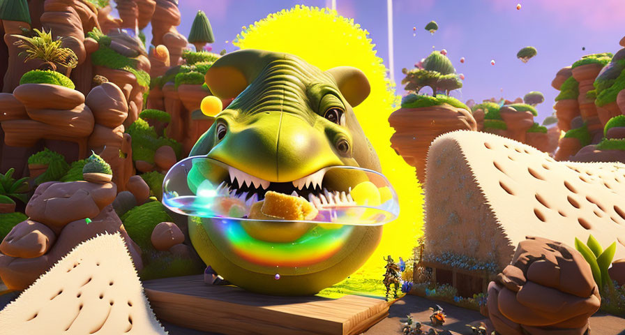 Vibrant 3D animated hippopotamus in whimsical landscape with yellow aura and bubble.