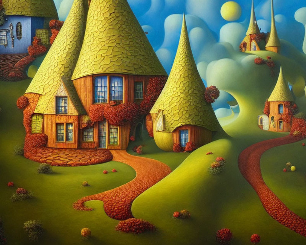 Rolling green hills and cone-shaped houses in whimsical landscape