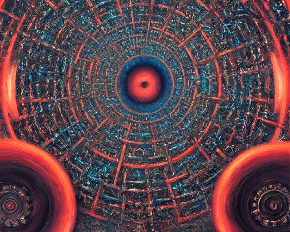 Circular Blue and Red Fractal Art: Futuristic Machinery Design