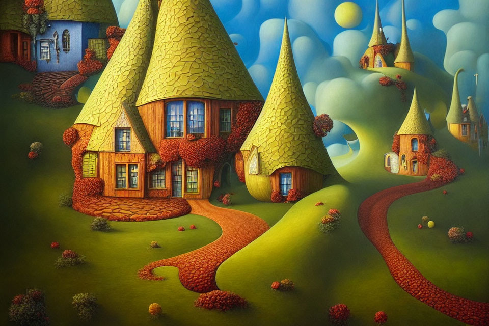 Rolling green hills and cone-shaped houses in whimsical landscape