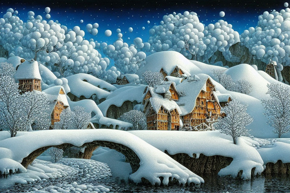 Snow-covered village with cozy houses, stone bridge, bare trees, and starry night sky