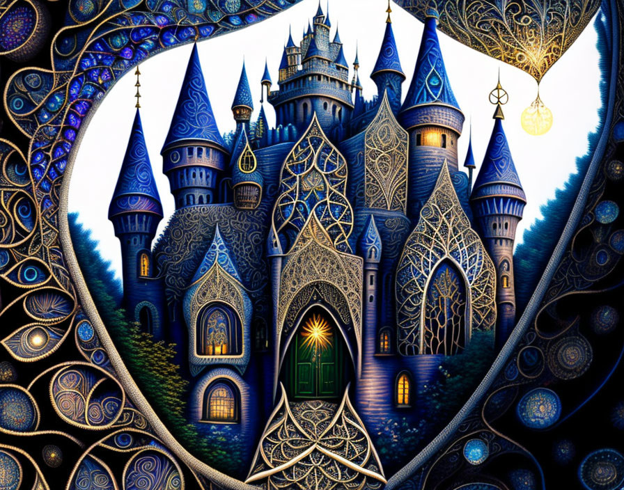 Whimsical castle illustration with intricate patterns at nighttime