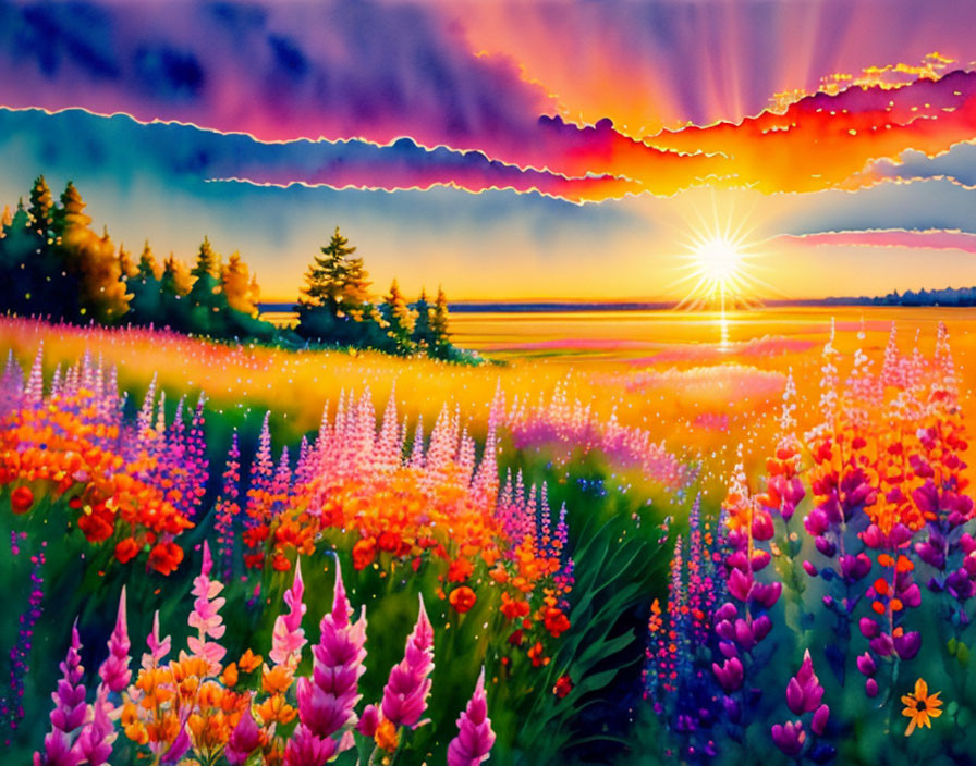 Colorful sunset painting with flower field and silhouetted trees.