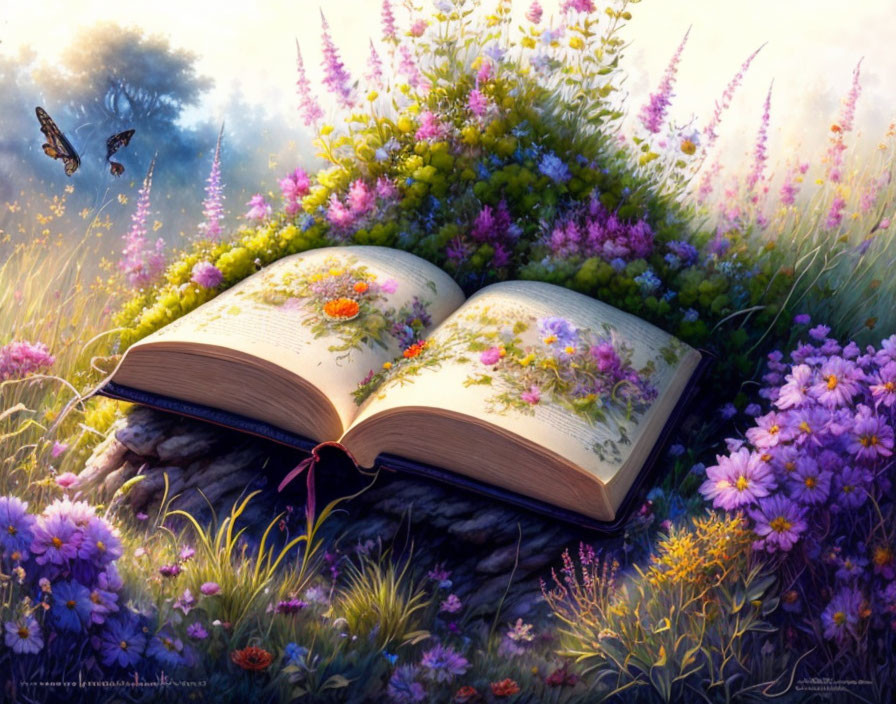 Illustrated flowers in open book merge with real blossoms under mystical light