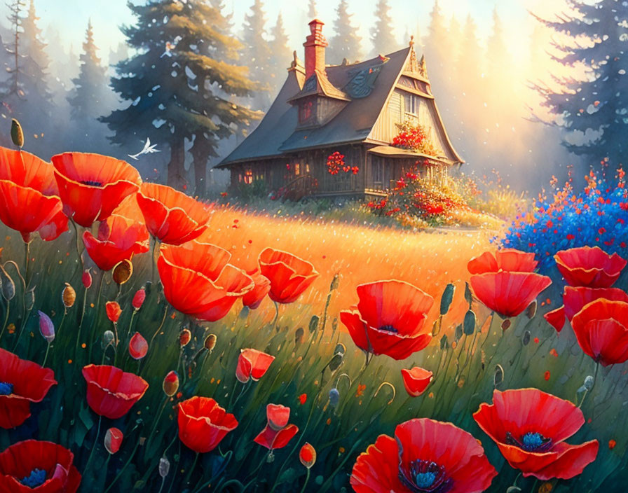 Idyllic cottage surrounded by red poppies and blue wildflowers