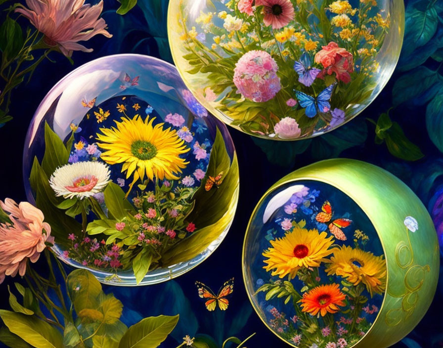 Colorful painting of flowers and butterflies in transparent spheres amid lush foliage