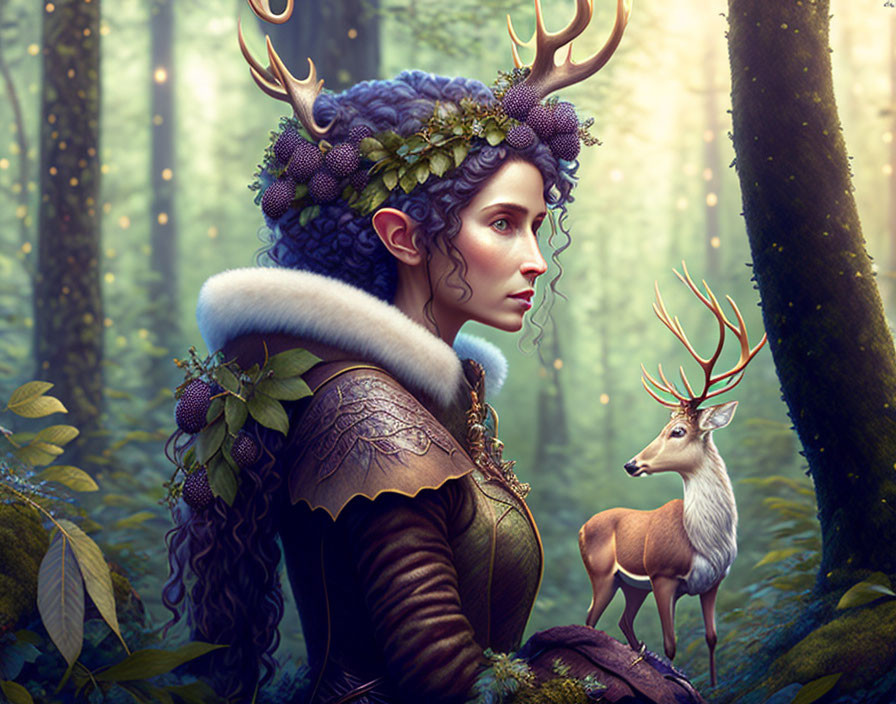 Fantasy female figure with antlers and floral headwear in mystical forest