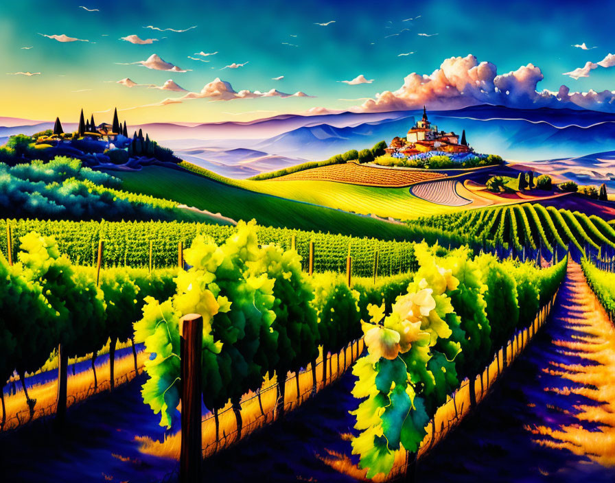 Vibrant vineyard landscape with rolling hills and dramatic sky