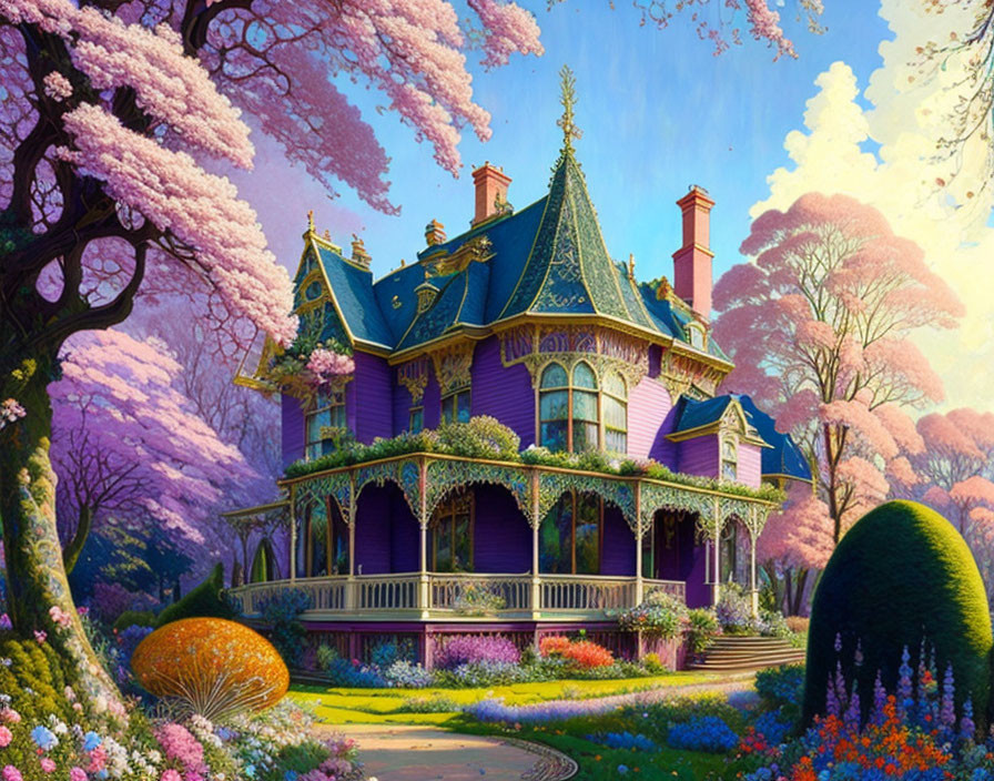 Victorian-style house in pink and purple hues with blooming trees in manicured garden at twilight.