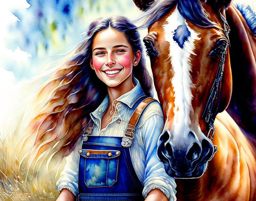 Young woman in denim overalls with smiling brown horse in pastoral scene