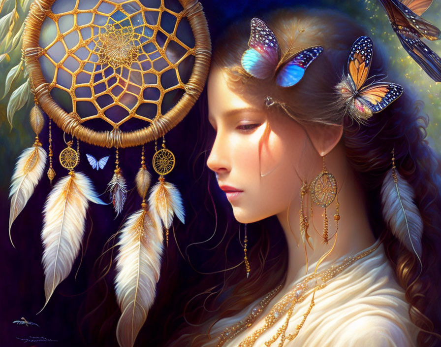 Woman with butterflies, dreamcatcher, feathers, and golden jewelry in sunlit setting