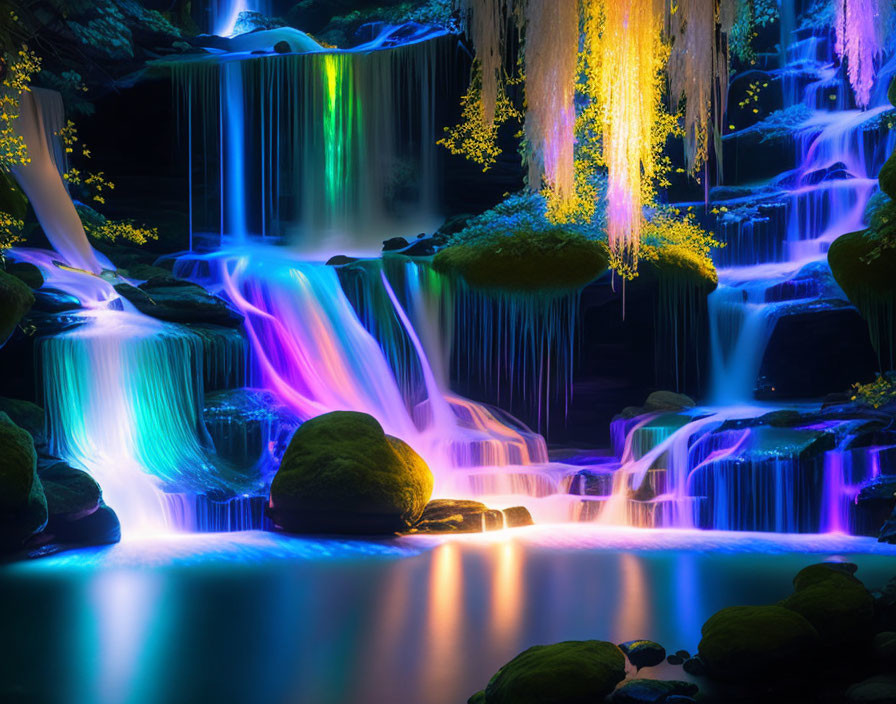 Vibrant waterfall with neon blue and purple lights in lush setting