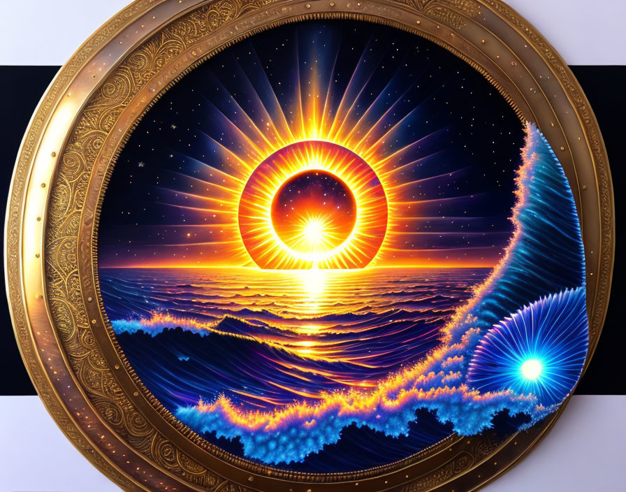 Circular vibrant artwork: stylized sun & ocean waves in ornate golden frame