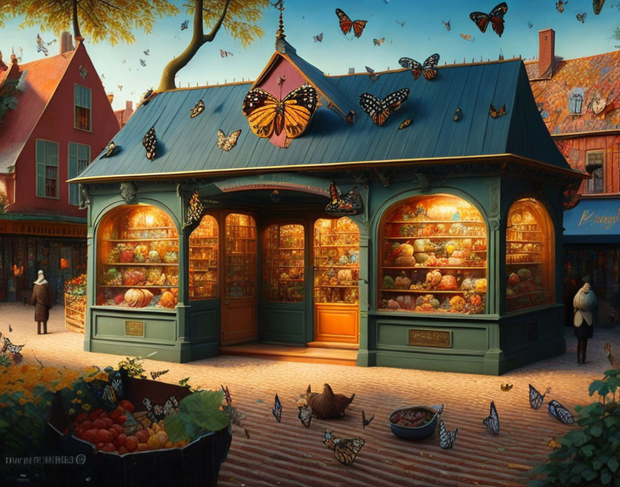 Cozy bakery at dusk with trees and butterflies