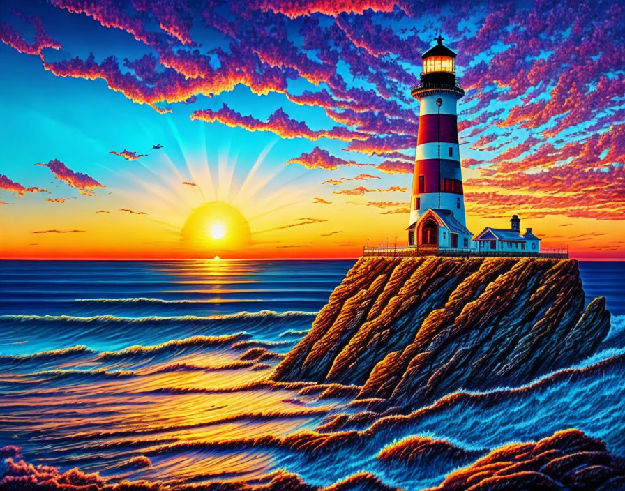 Scenic sunset over ocean with striped lighthouse on cliff