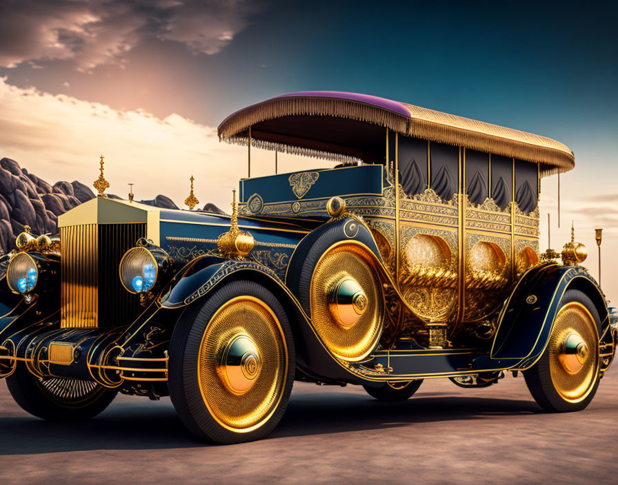 Vintage Car with Ornate Golden Details Against Dramatic Sky