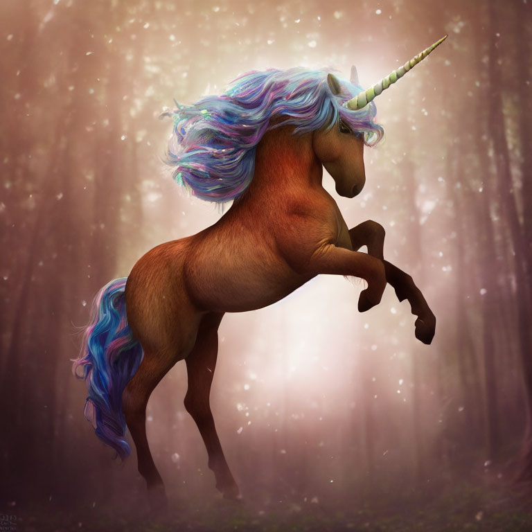 Majestic unicorn with spiral horn in misty forest