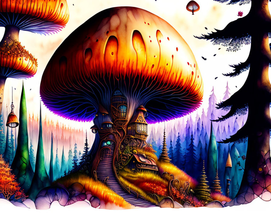 Colorful Fantasy Landscape with Mushroom House & Floating Lanterns