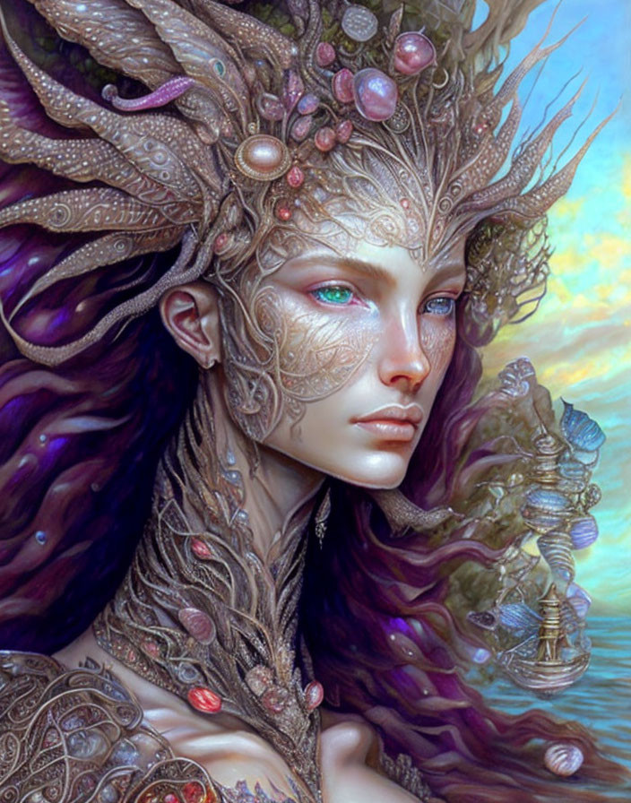 Ethereal woman with green eyes and purple hair in intricate headdress.