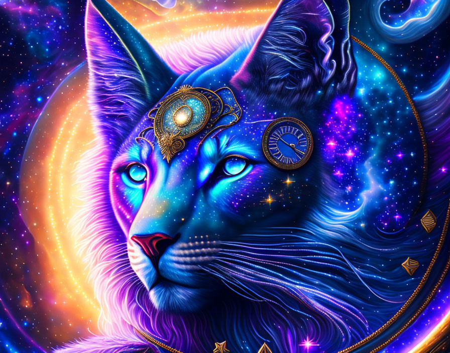 Cosmic blue cat surrounded by colorful nebulae