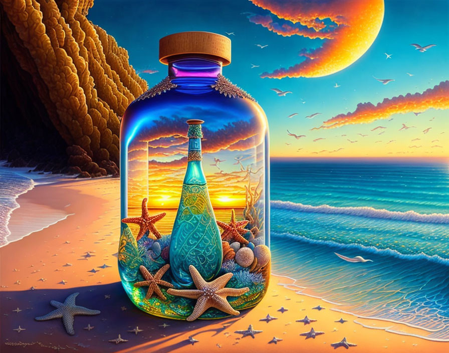 Glass Bottle on Beach with Starfish and Ocean Scene Miniature