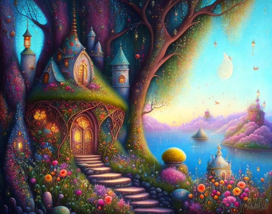 Colorful fairytale cottage illustration with glowing lanterns, lake, and starry sky