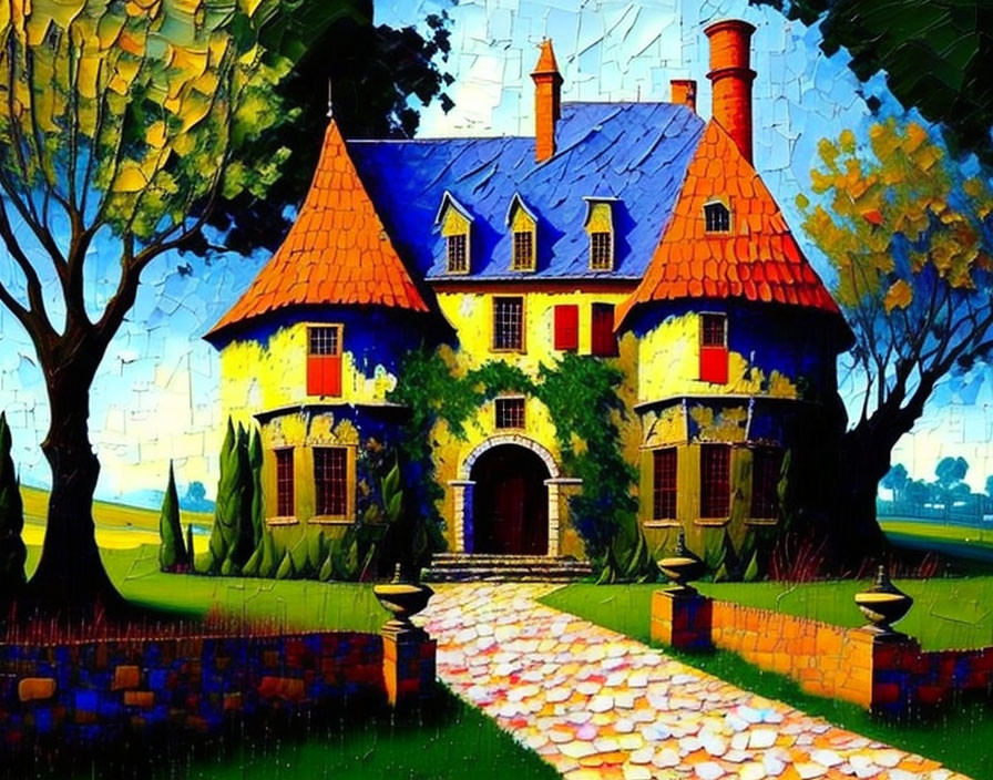 Whimsical cottage painting with cobblestone path and lush trees