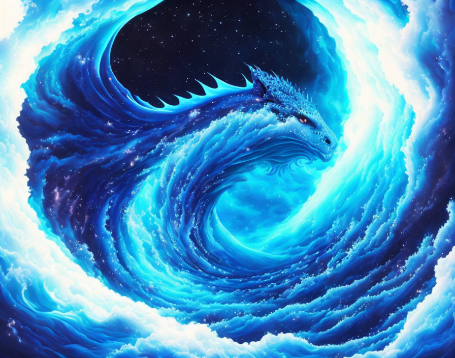 Cosmic whale swimming in vibrant blue galaxy