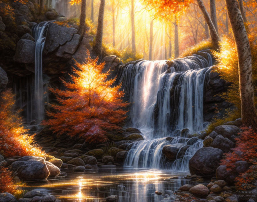 Ethereal autumn waterfall with vibrant foliage and sunlight reflections