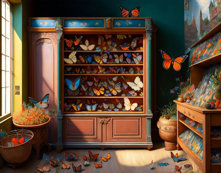 Colorful Butterfly Collection Displayed in Ornate Wooden Cabinet