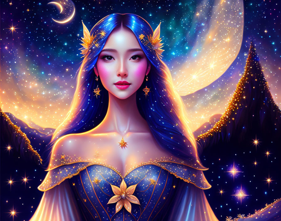 Fantasy illustration of woman with blue hair under starry skies, crescent moon, and glowing mountain