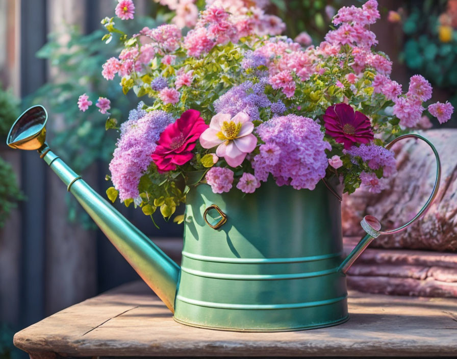 Teal watering can flowerpot with pink and purple blooms on wooden surface