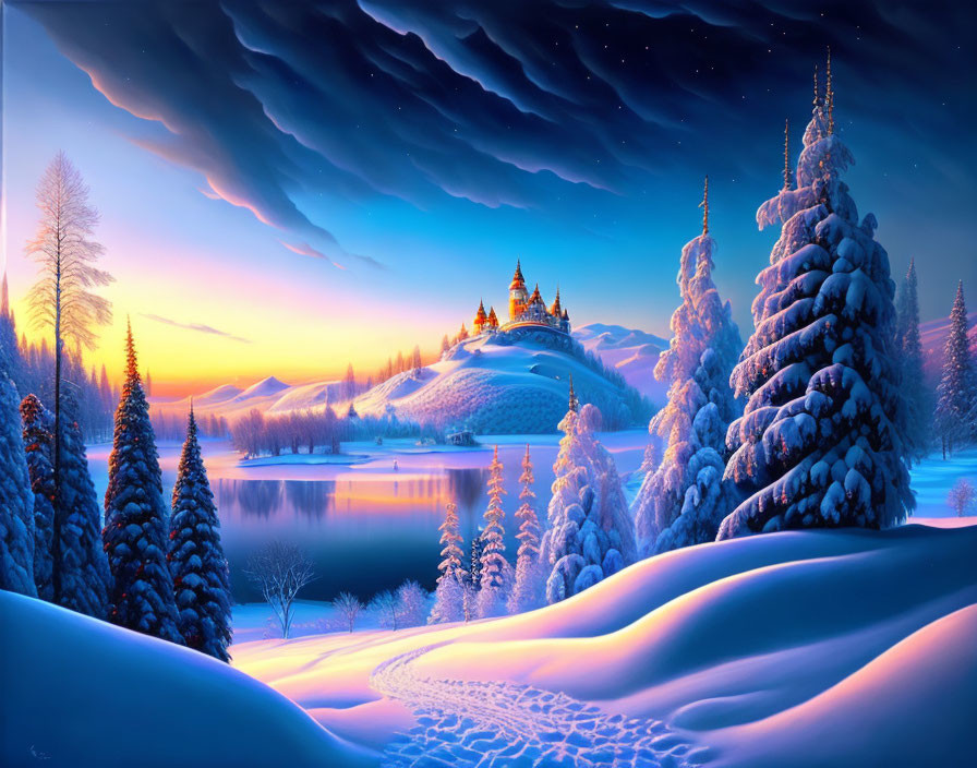 Snow-covered trees, frozen lake, and distant castle in tranquil winter dusk landscape.