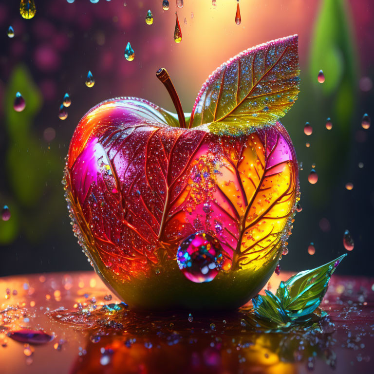 Colorful Apple with Water Droplets and Leaf Veins on Soft Background