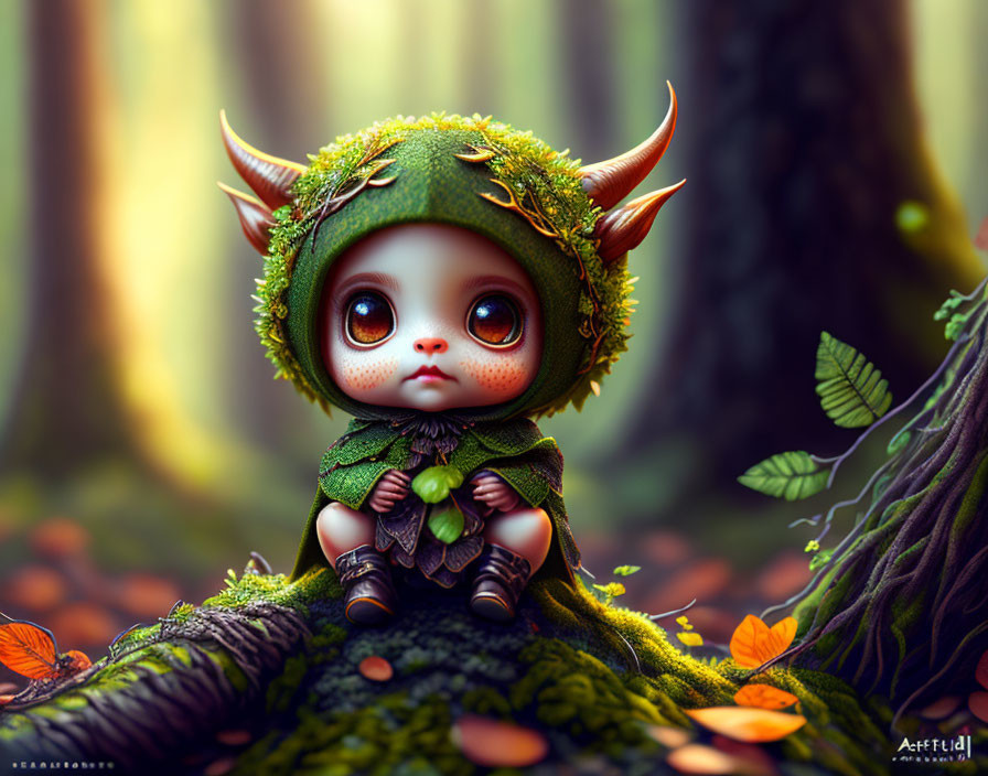 Fantasy creature in leafy attire on mossy log among autumn trees