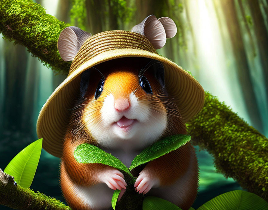 Cartoon hamster in safari hat on tree branch in lush forest