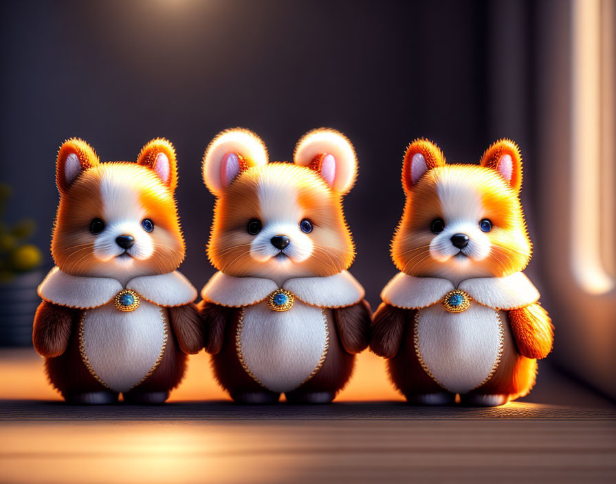 Three animated corgi puppies with glowing outlines and fancy collars.