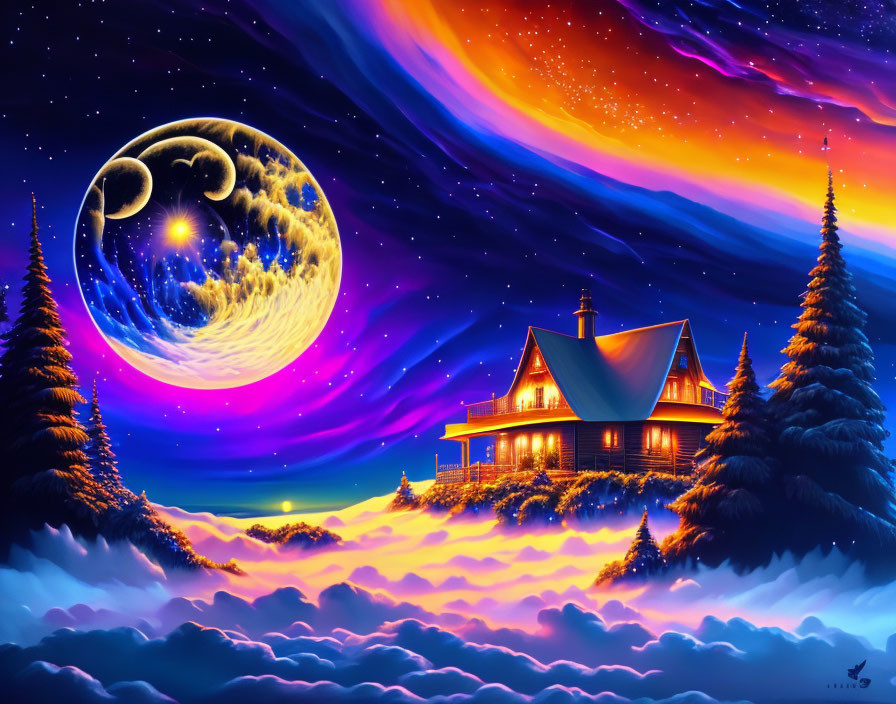 Fantasy-inspired landscape with moon, illuminated house, snowy trees, and starry sky