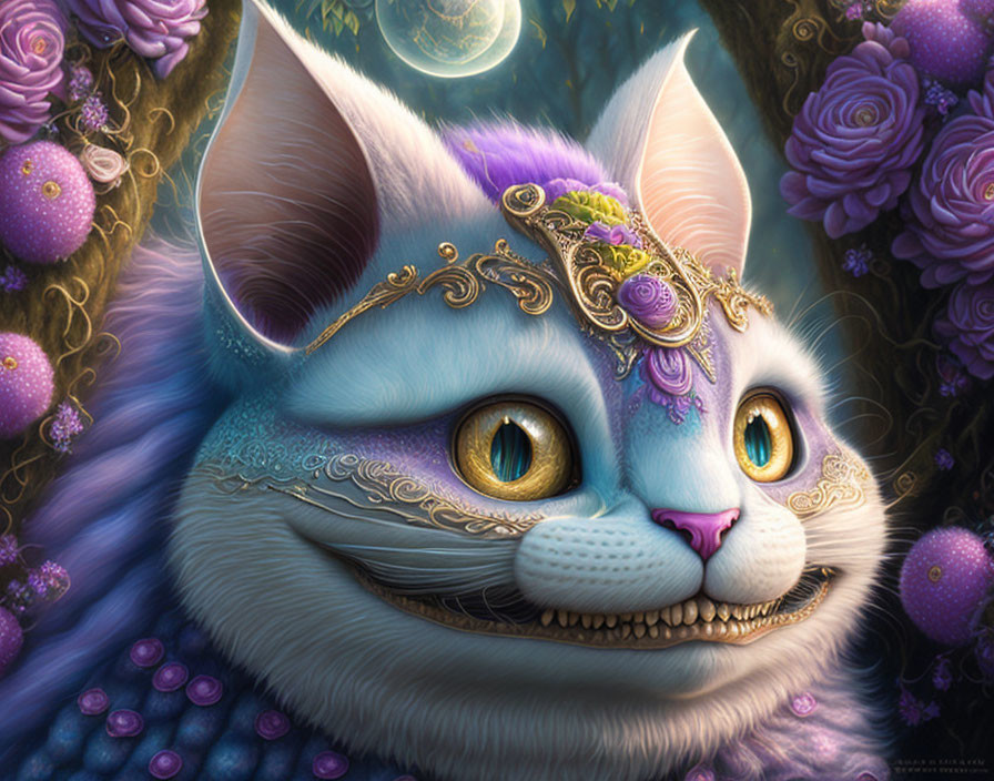 Purple Cat with Golden Eyes and Floral Surroundings