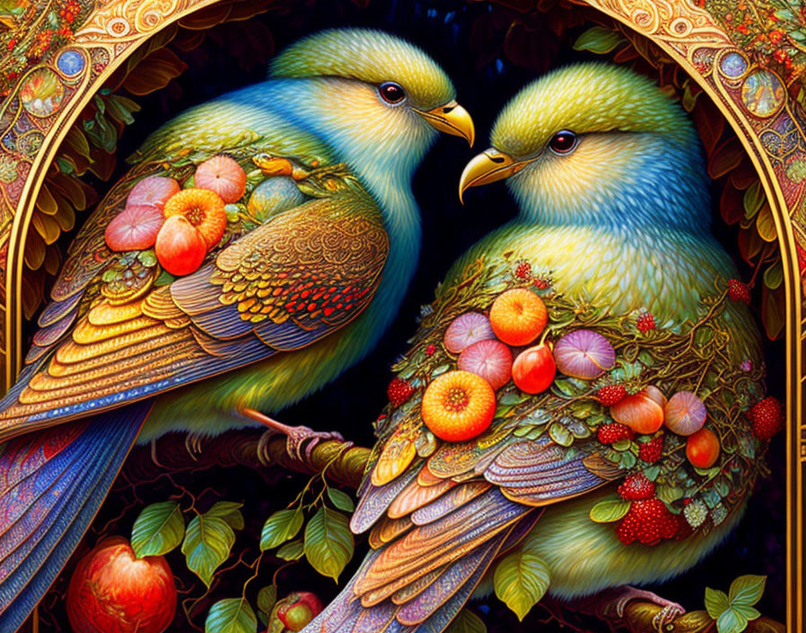 Vibrantly colored ornate birds among apple-laden branches in decorative frame