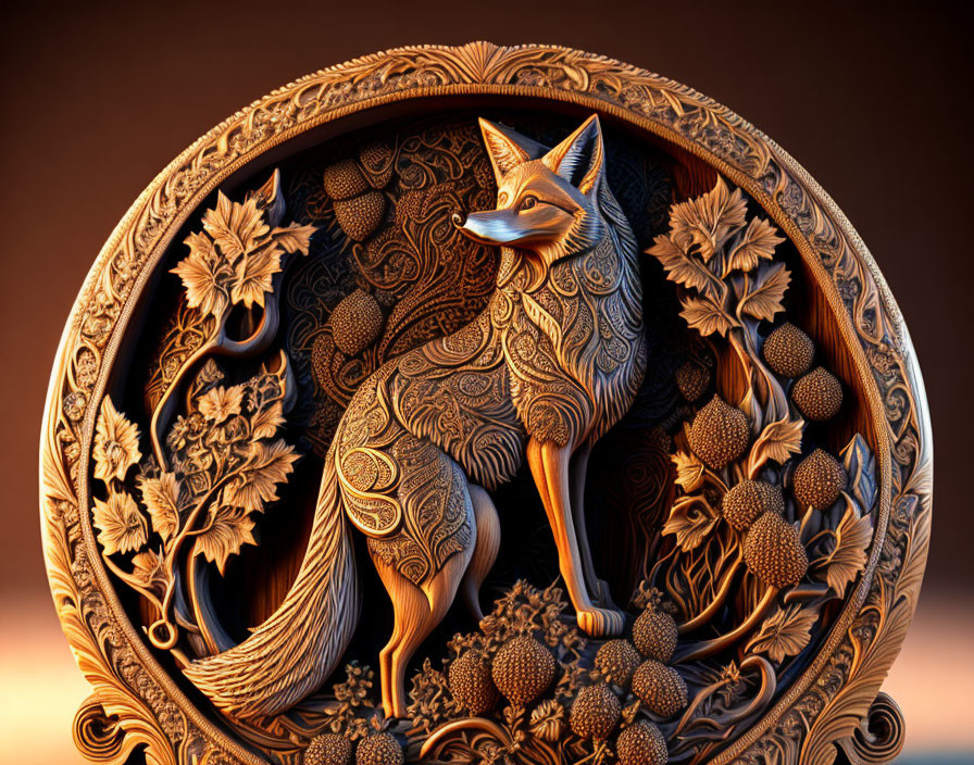 Circular Wood Carving: Fox Amid Intricate Flora and Fauna on Amber Background