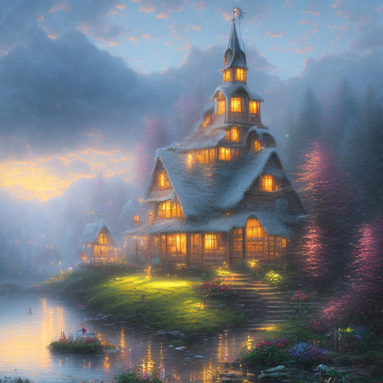 Enchanting multi-story cottage in misty forest at twilight