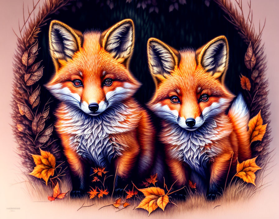 Vibrant foxes surrounded by autumn leaves in dark foliage