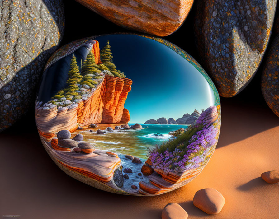 Pebble with surreal landscape painting on rocky cliff, trees, and ocean