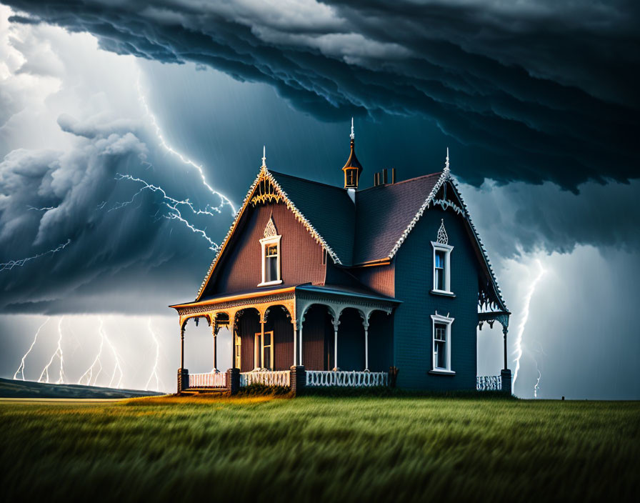 Victorian house on grassy plain under stormy sky