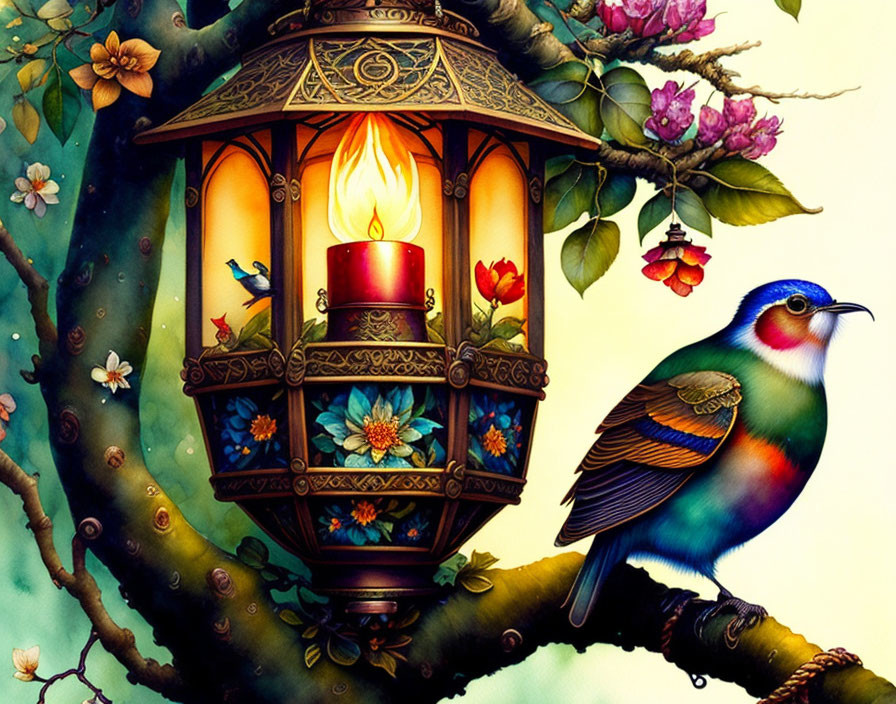 Colorful Bird Perched on Branch with Lantern and Candle in Vibrant Illustration