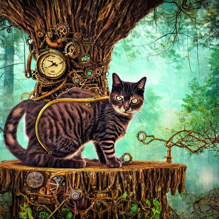 Striped Cat on Gear and Clock Tree Stump in Whimsical Forest