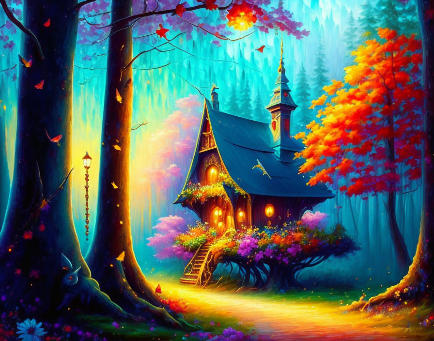 Enchanted forest scene with whimsical cottage and vibrant trees