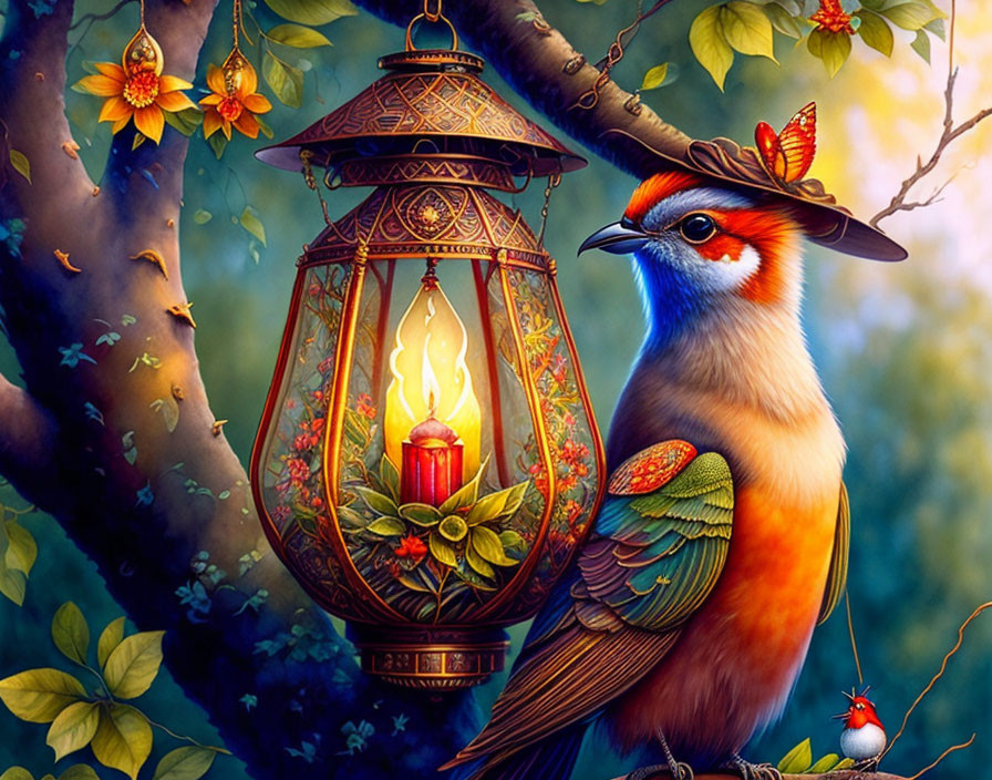 Colorful bird perched near lantern in lush garden setting